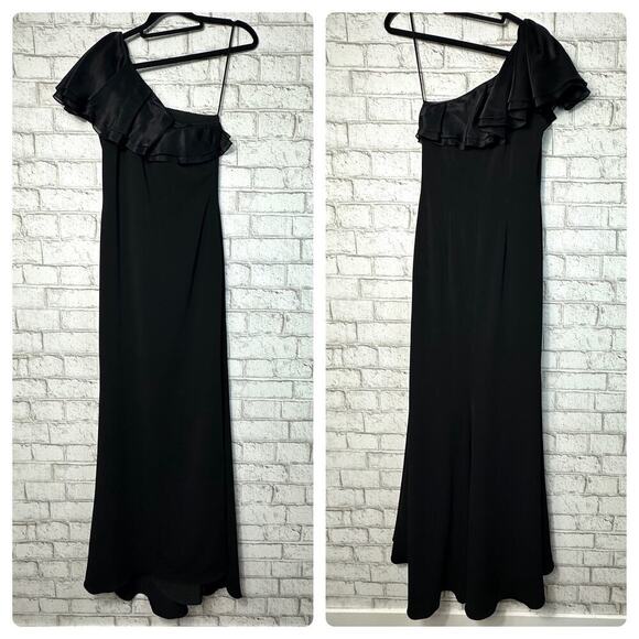 Badgley Mischka Black Dress Formal Maxi One Shoulder Silk Ruffle Minimalist 2 - Picture 2 of 7